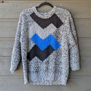VTG 80s Linda Thompson Chunky Knit Geometric Pattern Sweater Large Gray Blue Bla